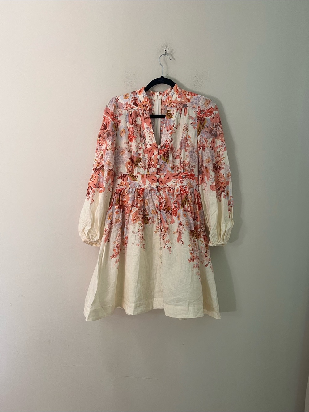 Zimmermann Pink and White Floral Puff-Sleeve Devi plunge Mini Dress - Picture 7 of 16